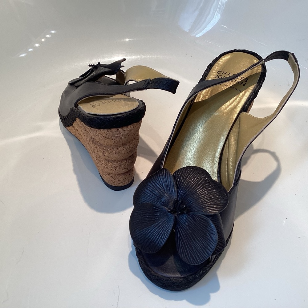 Charles Jourdan Black and Tan Wedge Sandals